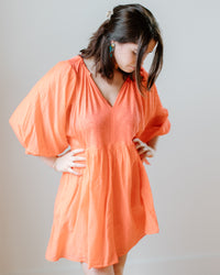 Woman in an Erin Shirred Waist L/S Dress in Dolly by Velvet by Graham & Spencer, with hands on her hips and hair over her face.