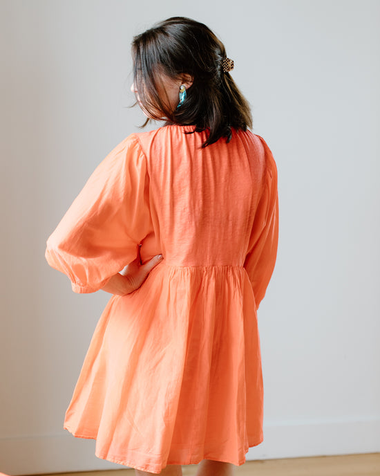 A woman with her back turned, wearing a peach-colored Erin Shirred Waist L/S Dress in Dolly from Velvet by Graham & Spencer, and a hair clip in her brunette hair.