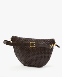 A brown Grande Fanny in Kalamata Woven Checker fanny pack with a gold buckle and hardware, displayed against a white background by Clare V.