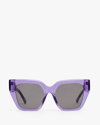 A pair of oversized Iris sunglasses in purple with UVA/UVB protection dark lenses against a white background by Clare V.