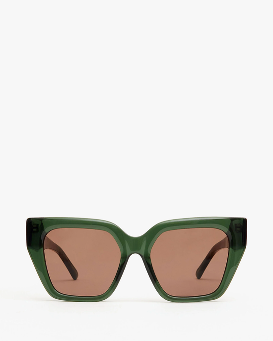 Clare V. Heather sunglasses in Loden with green frames and brown lenses, offering 100% UVA/UVB protection, on a white background.