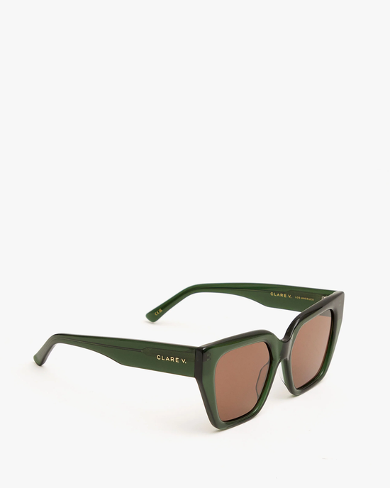 Clare V. Heather Sunglasses in Loden: Green sunglasses with brown lenses featuring 100% UVA/UVB protection, on a white background.