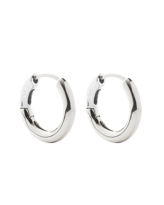 A pair of Machete Hinge Hoops in Silver on a white background.