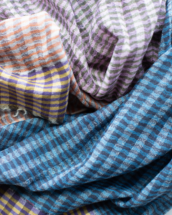 Épice Stripe Wool Scarf in Carmel/Brick/Blue 