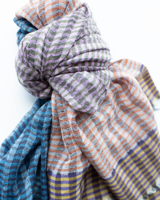 Épice Stripe Wool Scarf in Carmel/Brick/Blue 
