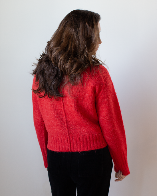 A person with wavy brown hair, wearing the Hartford Myac Turtleneck Sweater in Lipstick and black pants, stands facing away from the camera against a plain white background.