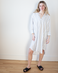 Lara Dress in White/Blue Triple Stripe Linen