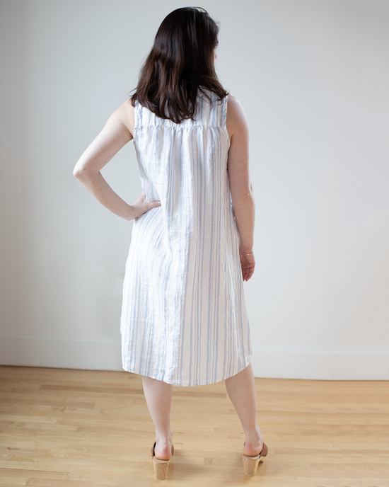 Sylvie Dress in White/Blue Triple Stripe Linen