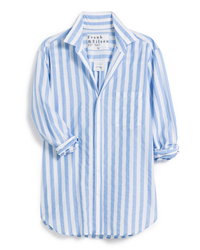 An oversized Frank & Eileen Joedy Boyfriend Button-Up Shirt in Wide White/Blue Stripe displayed flat against a white background with a visible price tag.