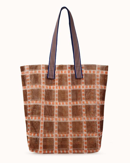 Patterned Large Mesh Checks Tote in Golden with blue straps on a white background by Épice.