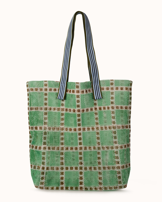 Épice's Large Mesh Checks Tote in Mint with blue striped handles.