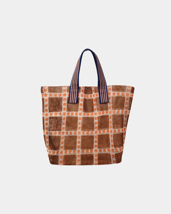 Épice's Small Mesh Checks Tote in Golden with blue striped handles against a white background, perfect for beach days.