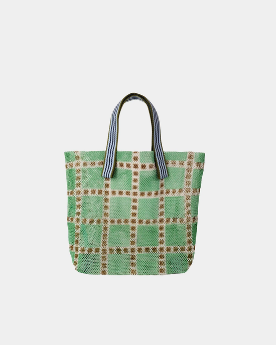 Épice Small Mesh Checks Tote in Mint beach bag with striped handles on a white background.