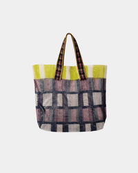 A Small Mesh Checks Tote in Flint by Épice, with lime green and black squares, featuring a mesh design and sturdy plaid handles.