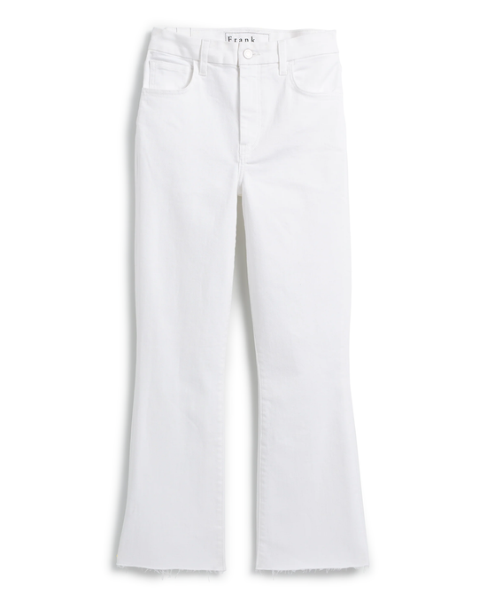 Killian Crop Flare Jean in White Denim by Frank & Eileen, on a neutral background, featuring front and back pockets with a visible brand tag on the waistband.