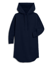 The Frank & Eileen Mini James Hooded Cape Dress in Tide features a dark navy blue hue, soft Triple Fleece, a front pocket, drawstring hood, long sleeves, and a curved hem for style in an oversized silhouette.
