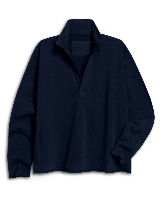 The Frank & Eileen Patrick Popover Henley in Tide Heritage Jersey, a long-sleeve 100% cotton shirt with a collar and short buttonless placket, is shown laid flat on a white background.
