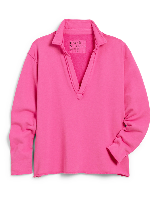 Patrick Popover Henley in Bubblegum French Terry with collar detail by Frank & Eileen on a white background.