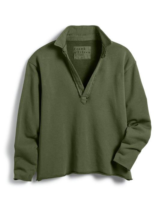 The Frank & Eileen Patrick Popover Henley in Caper Terry is a long-sleeve, soft French terry shirt with a raw-edge hem, open collar, and the Frank & Eileen label inside the neckline.