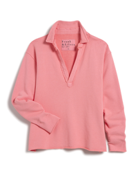 A pink Frank & Eileen Patrick Popover Henley in Watermelon Terry long-sleeve polo shirt with a collar and v-neckline, displayed flat on a white background.