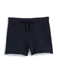 A pair of Frank & Eileen Pearl Shorts in British Royal Navy, featuring a drawstring waistband and raw hems, is laid flat on a white background.
