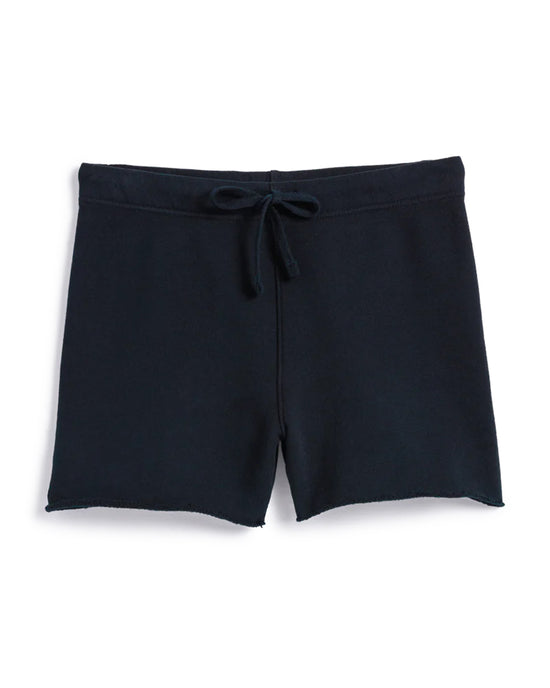 A pair of Frank & Eileen Pearl Shorts in British Royal Navy, featuring a drawstring waistband and raw hems, is laid flat on a white background.