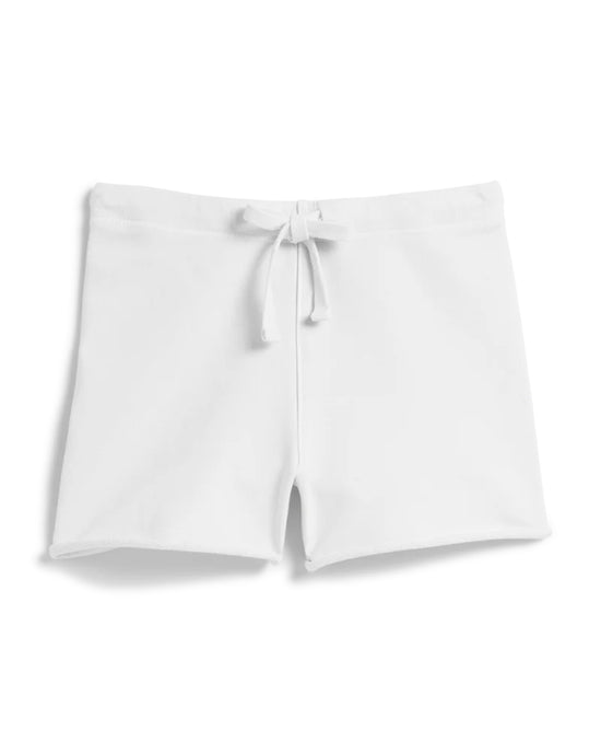 Frank & Eileen Pearl Shorts in White are high-rise fleece shorts with a drawstring waistband, shown flat on a white background—an essential addition to any women’s cotton shorts collection.