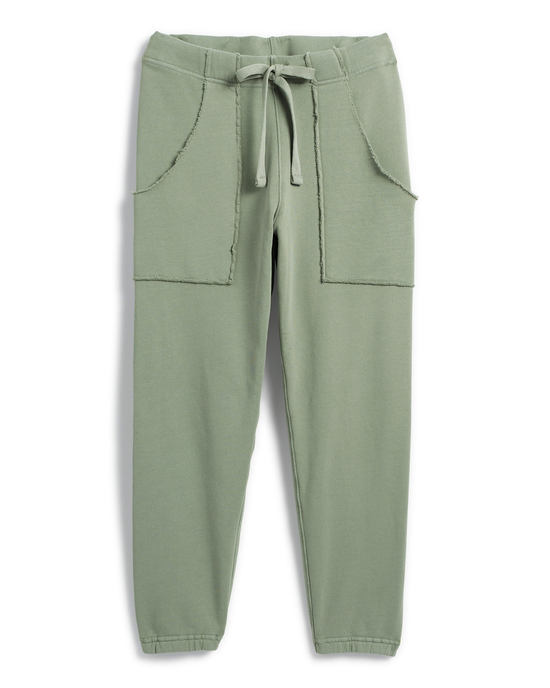 Eamon Jogger Sweatpants in Sage by Frank & Eileen with drawstring, cargo pockets, and a tapered ankle.