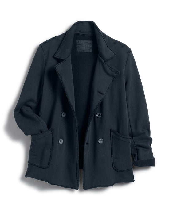 The Belfast Sweatshirt Peacoat in British Royal Navy by Frank & Eileen is a black, double-breasted blazer inspired by the classic English peacoat, featuring raw edges, two large front pockets, and a partially rolled sleeve, laid flat on a white background.
