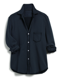 A Frank & Eileen Eileen Relaxed Button Up in British Royal Navy Triple Fleece shirt with a collar and a chest pocket, displayed on a white background.