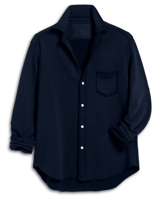 The Frank & Eileen Eileen-Relaxed Button Up Shirt in Tide Triple Fleece is a long-sleeve, dark navy shirt with a chest pocket and rolled-up sleeves, shown laid flat on a white background.
