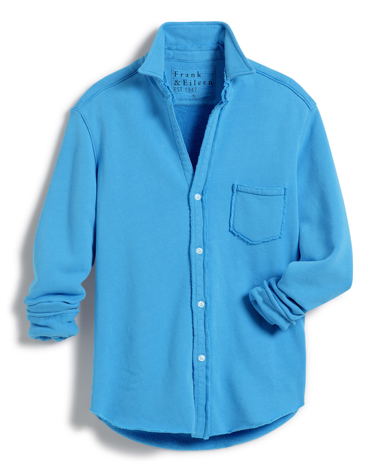 Eileen Relaxed Knit Button Up in Wave by Frank & Eileen, displayed on a plain background.
