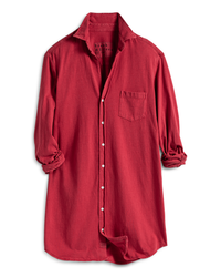 A red Frank & Eileen Mary Knit Shirtdress in Double Decker Red with long sleeves and a single chest pocket, displayed on a white background.