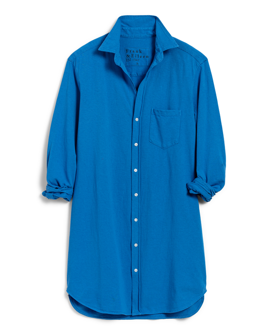 Mary Knit Shirtdress in Summer Blue by Frank & Eileen displayed against a white background.