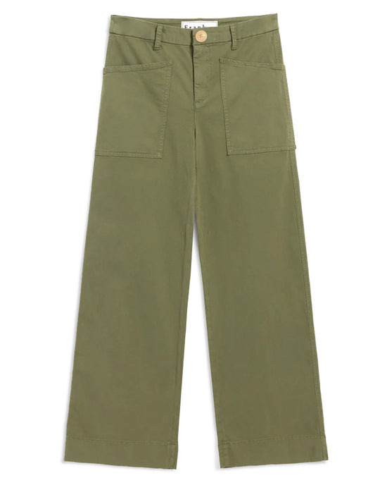 The Frank & Eileen Limerick Wrap Pocket Pant in Olive, a wide-leg utility style with large front patch pockets, button closure, and belt loops at the waistband, is shown laid flat on a white background.