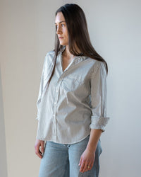 Eileen Relaxed Button Up Shirt in Army Green Stripe - Bliss Boutiques
