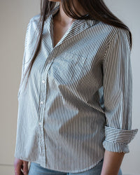 Eileen Relaxed Button Up Shirt in Army Green Stripe - Bliss Boutiques
