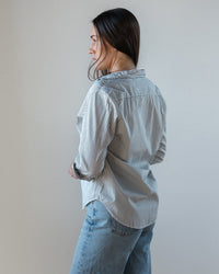 Eileen Relaxed Button Up Shirt in Army Green Stripe - Bliss Boutiques