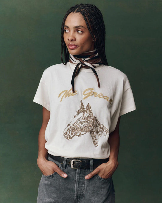 the Great Clothing The Boxy Crew w/ Horse Embroidery in Washed White