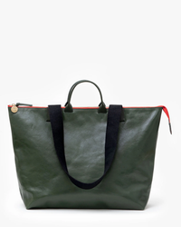 Le Zip Sac in Loden Rustic by Clare V. with black handles and a red zip-top detail against a white background.