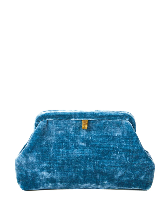 Liette Solid Velvet Clutch in Teal evening bag with a golden clasp, handmade in the USA, isolated on a white background. Made by Marian Paquette.