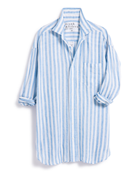 A long-sleeved, blue and white vertically striped Frank & Eileen Mackenzie in Wide White/Blue Stripe Italian linen button-up shirt displayed on a white background.