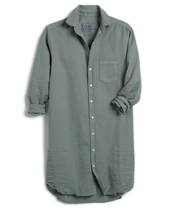 A long-sleeved olive green Italian Cotton Frank & Eileen Mary Classic Shirtdress in Thyme Denim displayed on a dress form against a white background.