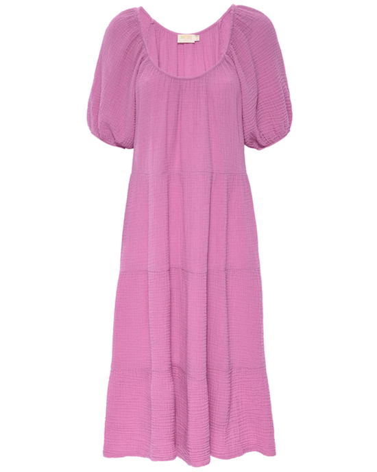 A pink mid-length Nation LTD Mindy Peasant Dress in Prom Date with short sleeves and a pleated design.