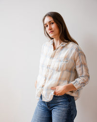 Aven 3/4 Sleeve Top in White, Blue, & Wheat Linen Plaid