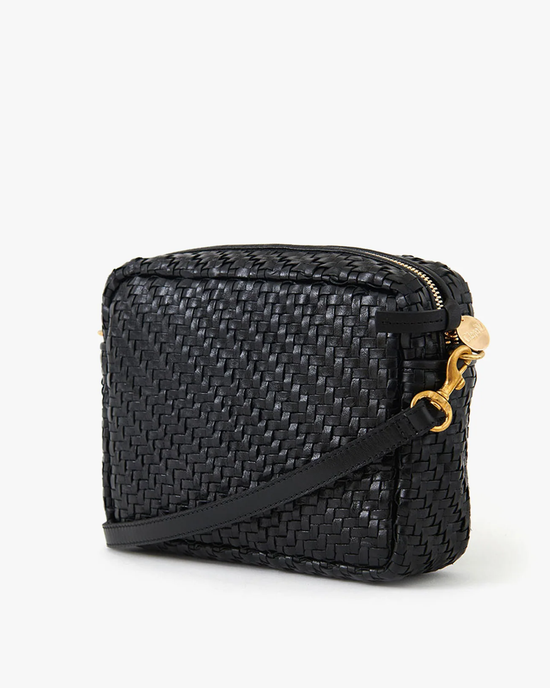 Clare V.'s Midi Sac in Black Woven Zig-Zag crossbody bag with gold-tone hardware.