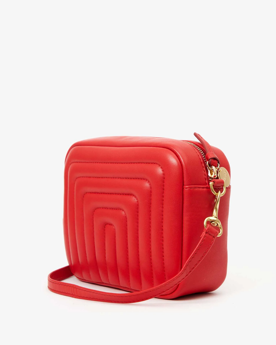 Clare V Midi Sac in Rouge Channel Quilted Nappa red square shoulder bag with quilted design on white background, featuring a crossbody strap.