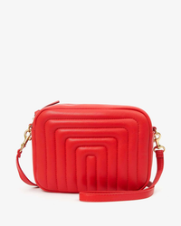 Clare V Midi Sac in Rouge Channel Quilted Nappa, featuring a red shoulder bag with geometric pattern and gold-tone hardware against a white background.