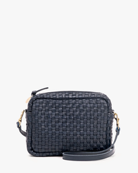 Black woven leather Midi Sac in Twilight Woven Checker with gold-tone hardware on a white background by Clare V.