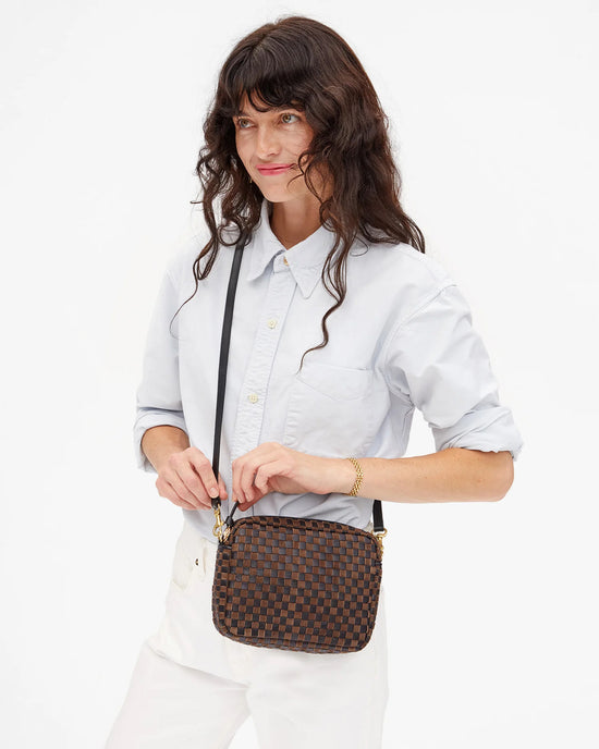Clare V. Midi Sac - Leather & Suede Woven Checker in Black/Chocolate 